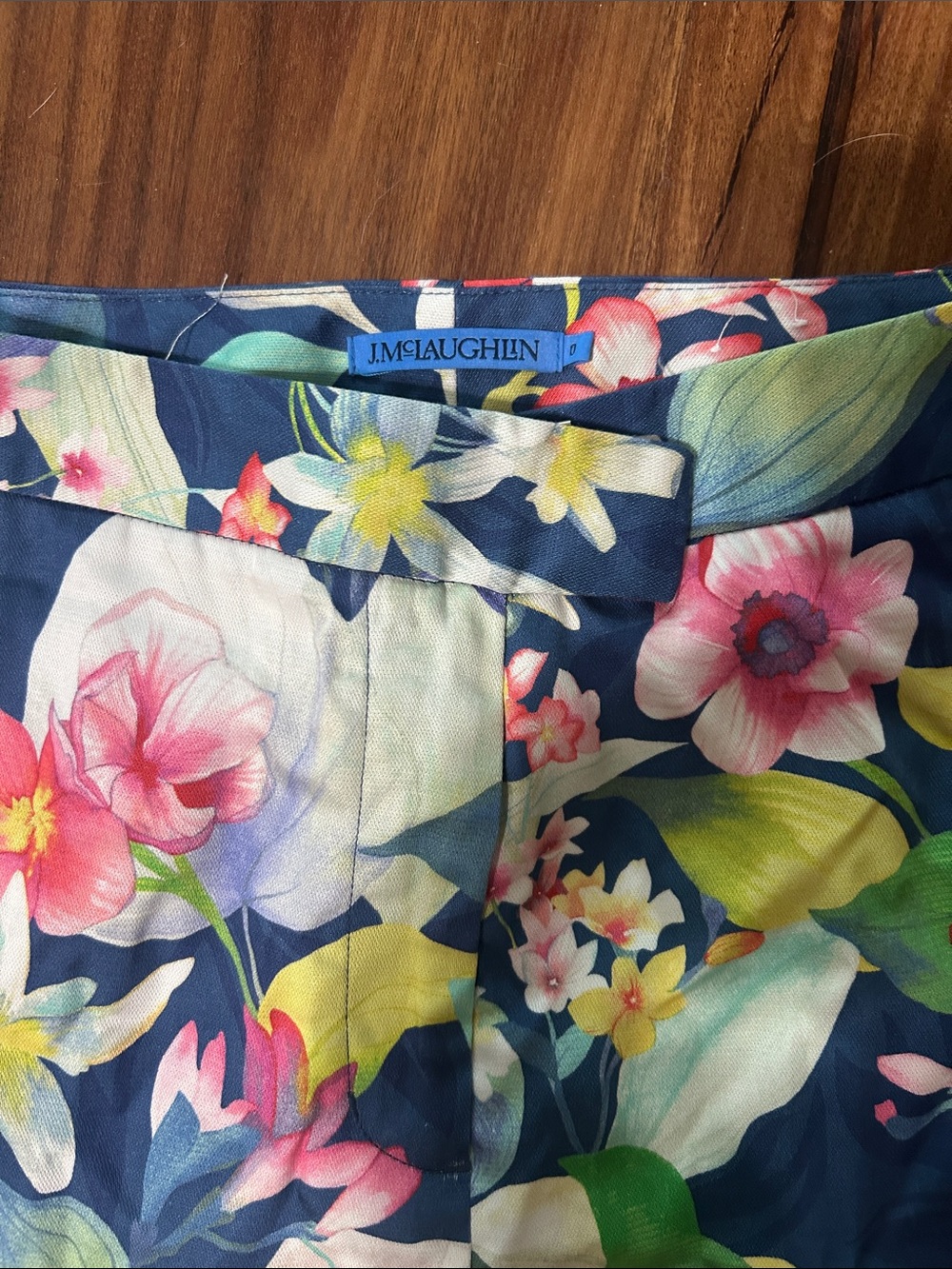 J. McLaughlin Navy Floral Linen-Blend Skirt with Pink & Green Blooms